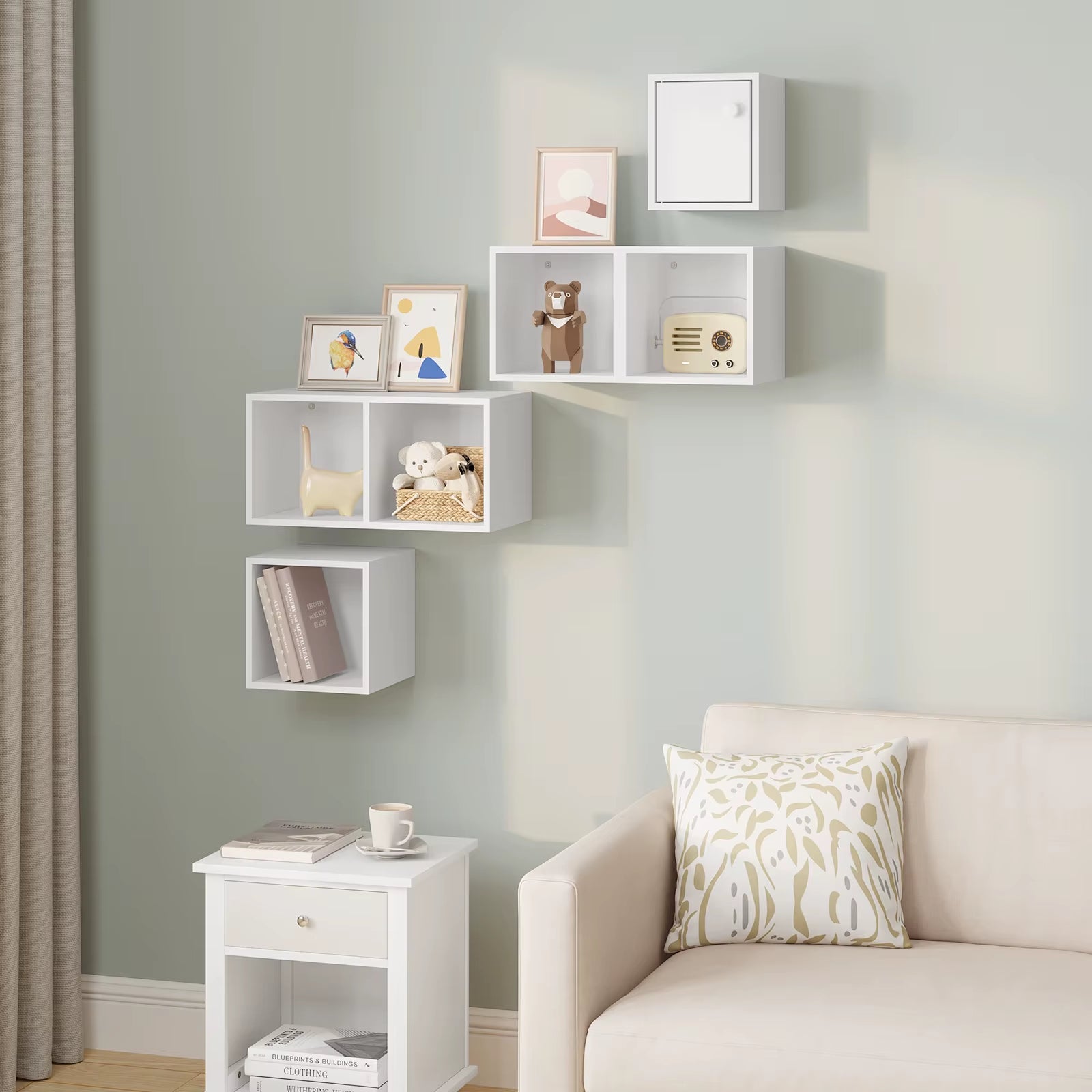 Modern Hanging Corner Shelf White Wall Shelf Floating Bookcase Cube Shelf CD Rack Display for Living Room Decoration