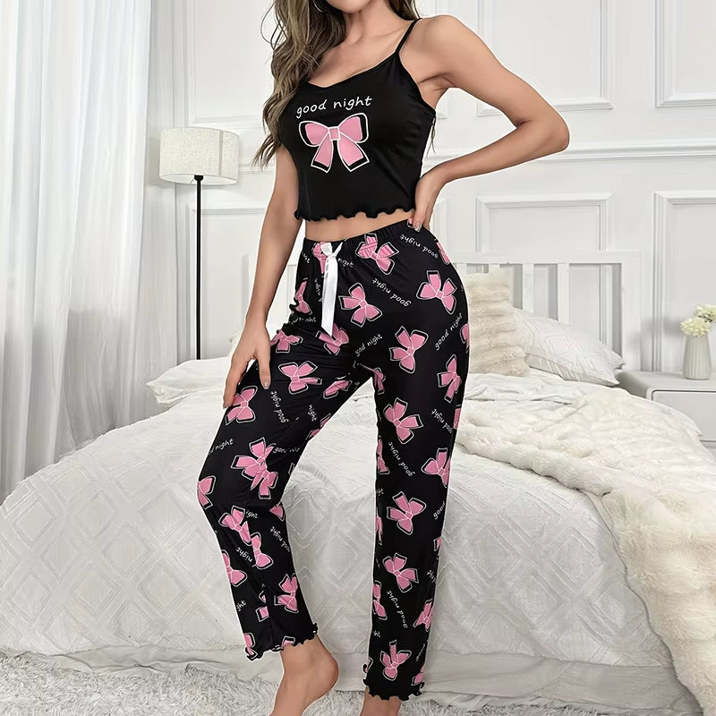 Lettuce Trim Women Pajama Set Sleeveless round Neck Crop Top & Full-Length Pants Female 2 Piece Sleepwear Nightwear Homewear