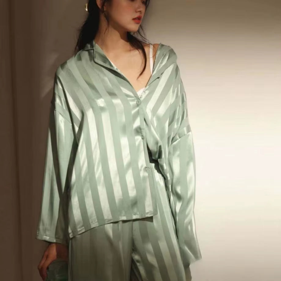 Women'S Summer Striped Pajama Set Long Sleeve Top Trousers Silk Satin Home Suit Spring Loose Casual Sleepwear Female Nightwear