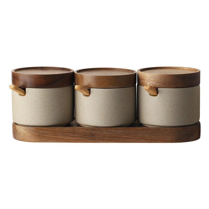 Kitchen Seasoning Pot Ceramic Three Piece Suit Simple Salt Pot Acacia Wood Tray with Cover