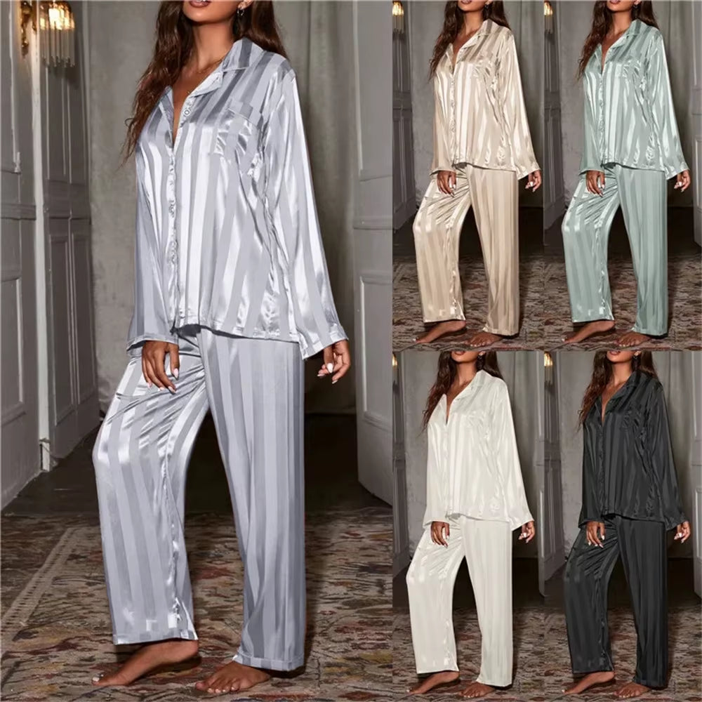 Women'S Summer Striped Pajama Set Long Sleeve Top Trousers Silk Satin Home Suit Spring Loose Casual Sleepwear Female Nightwear