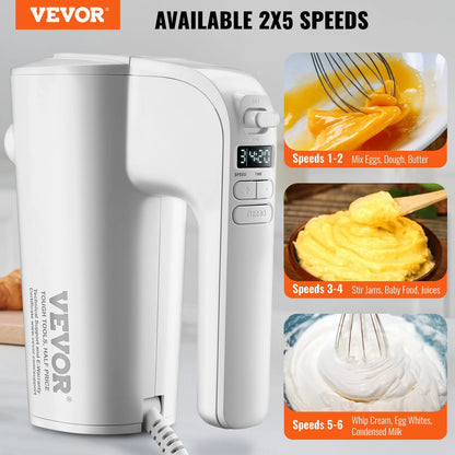 VEVOR Digital Electric Hand Mixer, 5-Speed, 200W Portable Electric Handheld Mixer, with Turbo Boost Beaters Dough Hooks Whisks Storage Bag, Baking Supplies for Whipping Mixing Egg Cookie Cake Cream