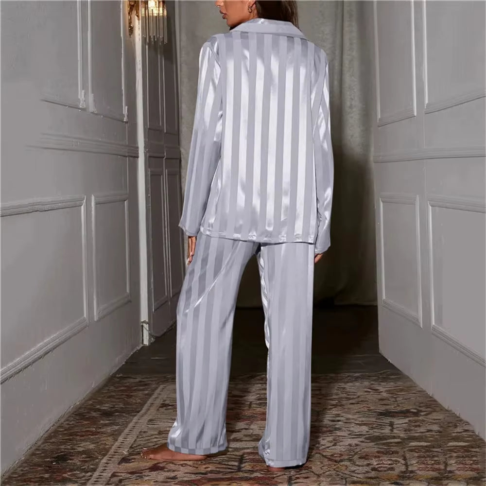 Women'S Summer Striped Pajama Set Long Sleeve Top Trousers Silk Satin Home Suit Spring Loose Casual Sleepwear Female Nightwear