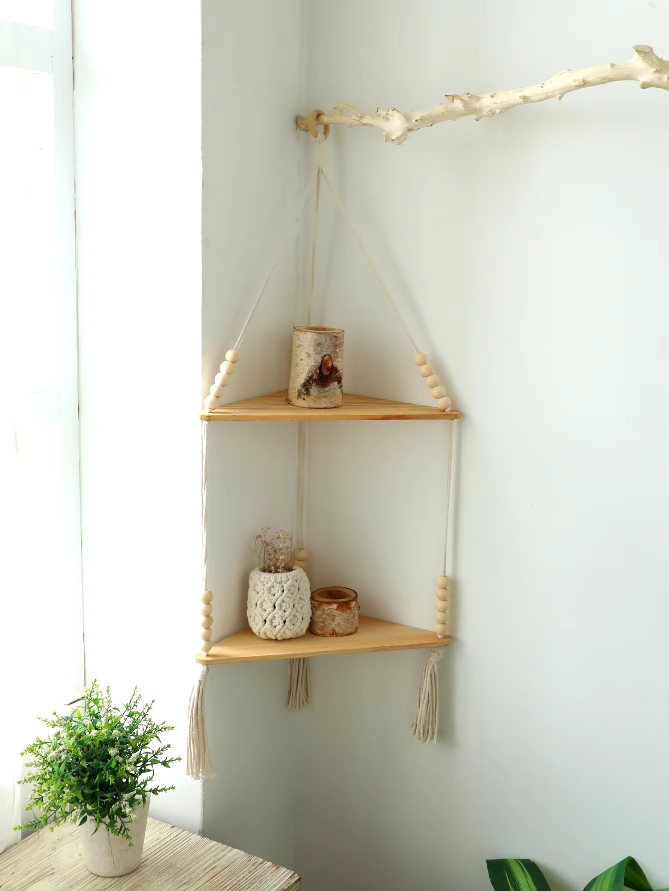 Wooden Corner Shelf Wall Decor Pot Storage Display Stand Macrame Floating Shelf Wall Organizer Boho Room Nordic Home Decoration