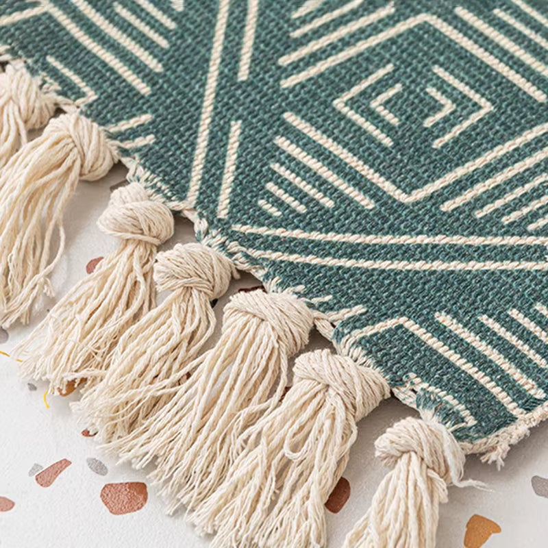 Retro Bohemian Hand Woven Cotton Linen Carpet Tassel Rug Geometric Floor Mat Bedroom Tapestry Decorative Blanket Area Rug