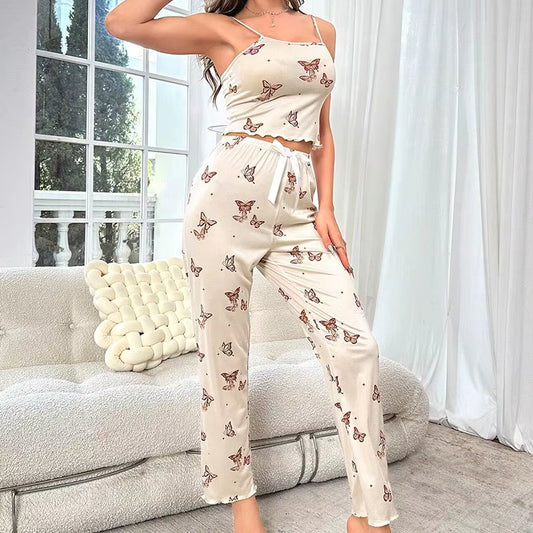 Lettuce Trim Women Pajama Set Sleeveless round Neck Crop Top & Full-Length Pants Female 2 Piece Sleepwear Nightwear Homewear