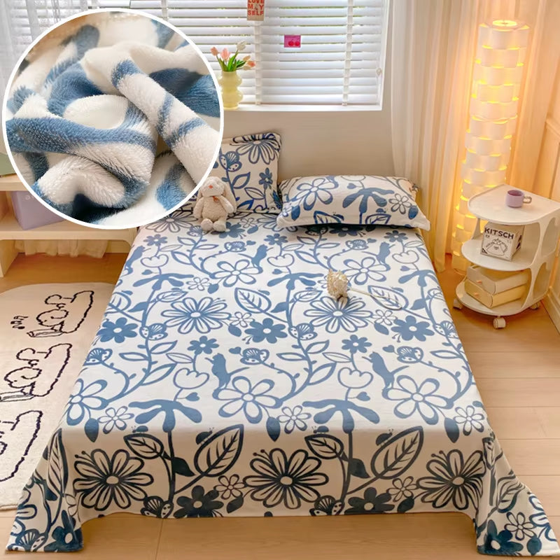 Floral Style Bedsheet Velvet Flat Sheet for Winter Warm Bed Linen Skin-Friendly Bed Sheets Sabanas Para Cama (No Pillowcase)