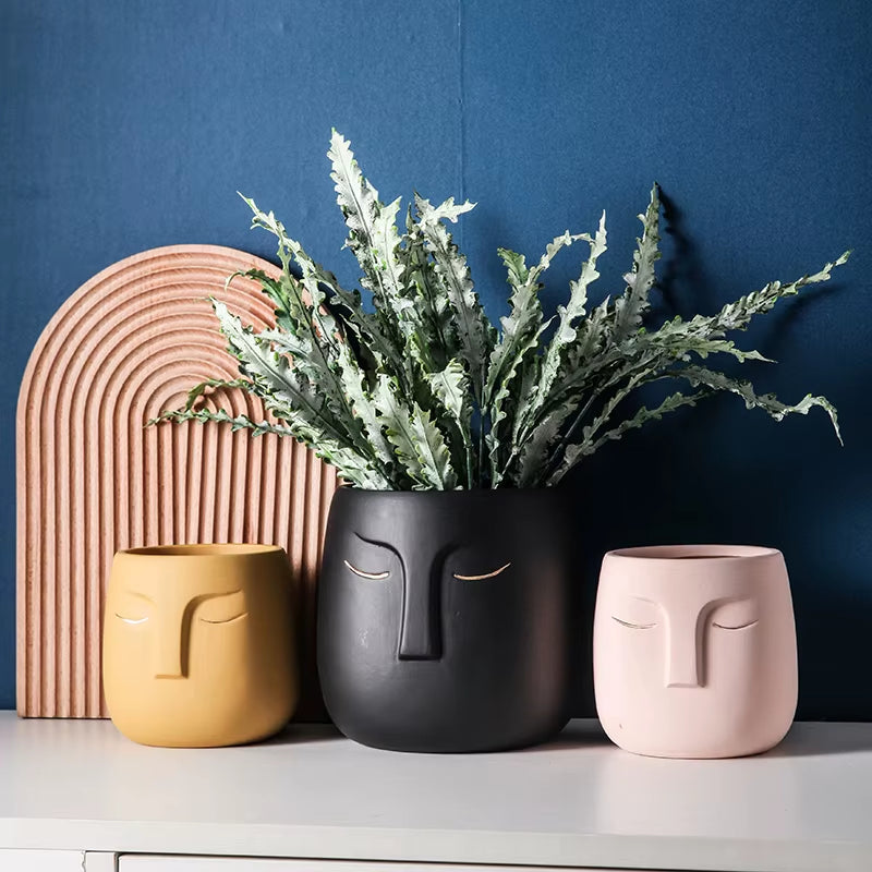 Vases Home Decor Flower Pot Nordic Human Face Buddha Ceramic Vase Room Art Sculpture Flower Arrangement Green Ceramic Planters