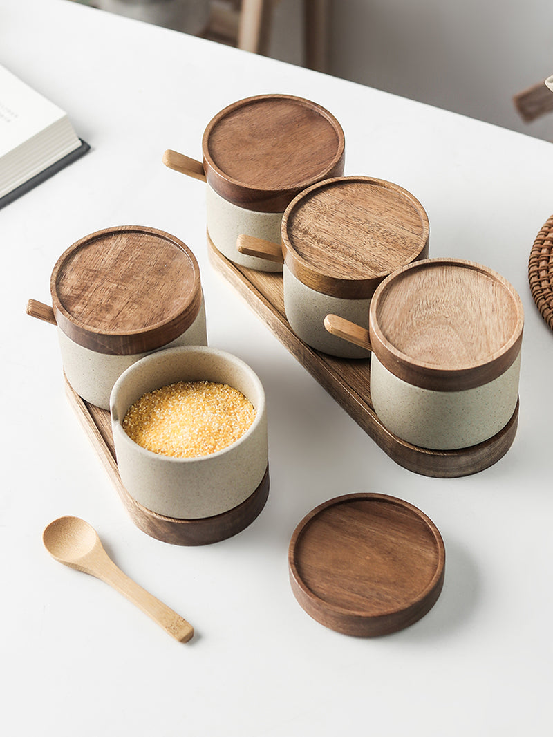 Kitchen Seasoning Pot Ceramic Three Piece Suit Simple Salt Pot Acacia Wood Tray with Cover