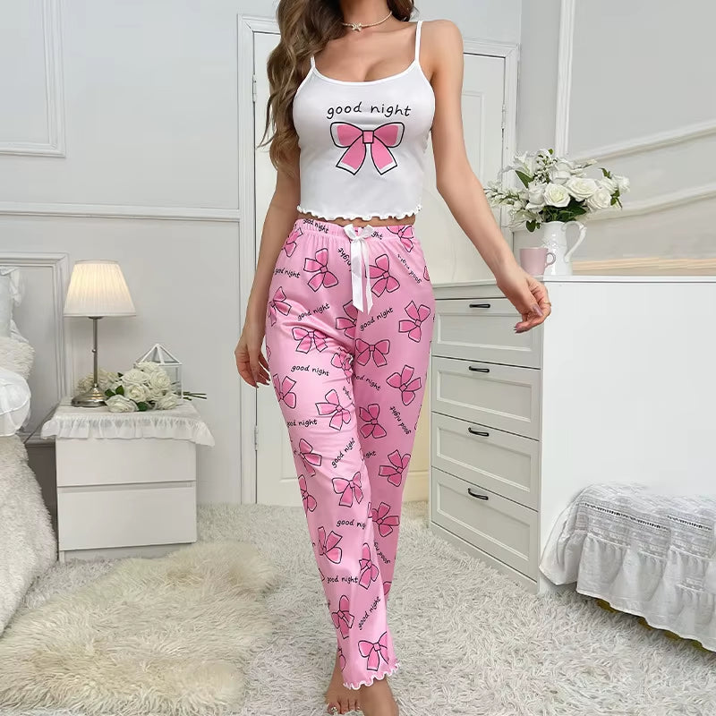 Lettuce Trim Women Pajama Set Sleeveless round Neck Crop Top & Full-Length Pants Female 2 Piece Sleepwear Nightwear Homewear