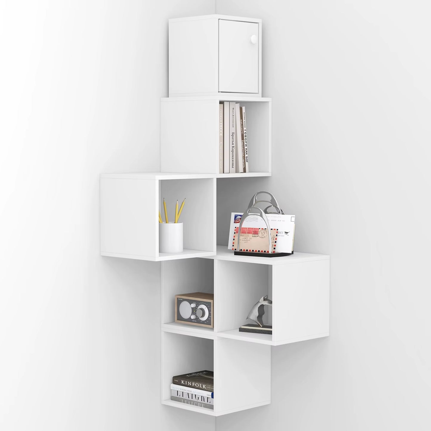 Modern Hanging Corner Shelf White Wall Shelf Floating Bookcase Cube Shelf CD Rack Display for Living Room Decoration