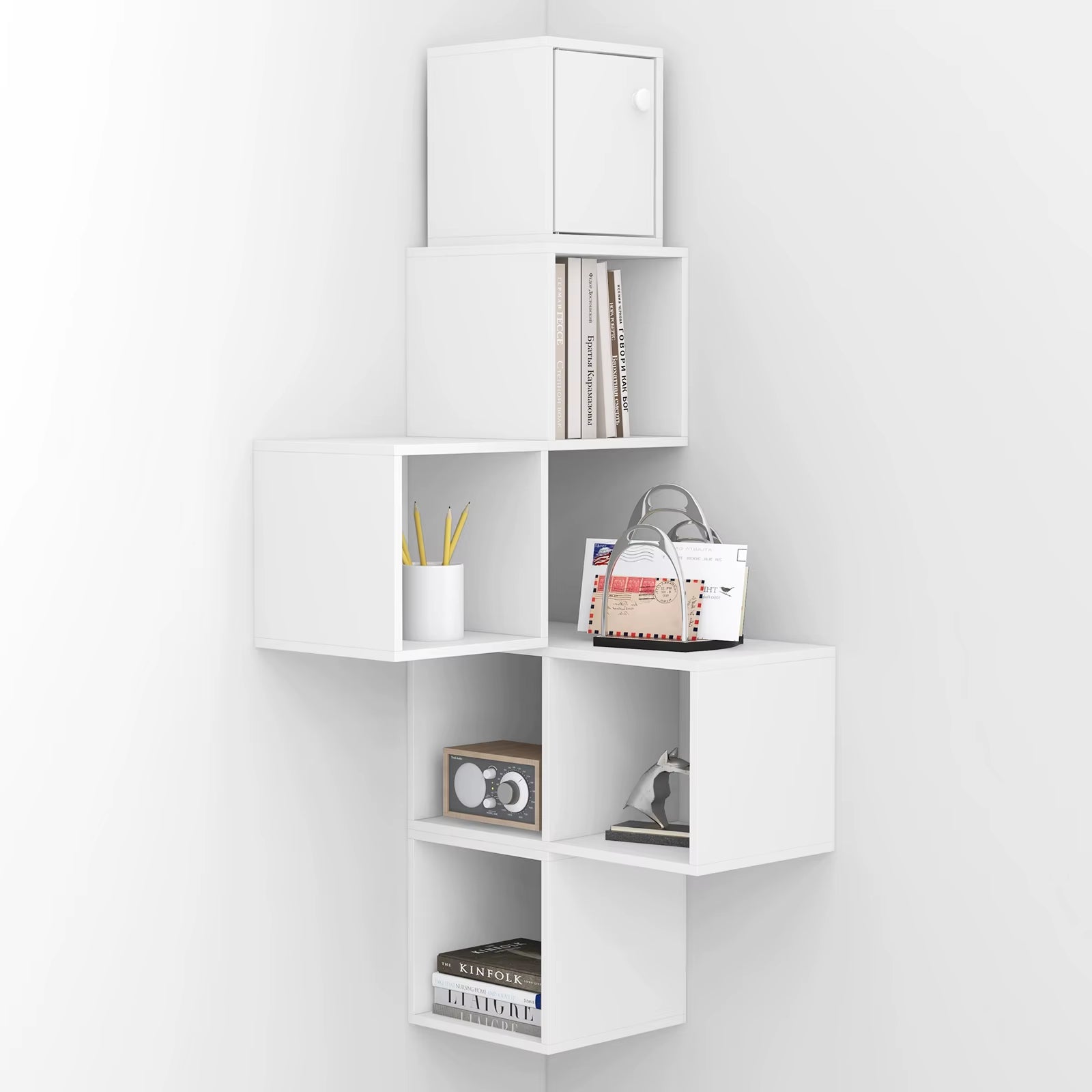 Modern Hanging Corner Shelf White Wall Shelf Floating Bookcase Cube Shelf CD Rack Display for Living Room Decoration