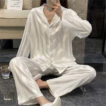 Women'S Summer Striped Pajama Set Long Sleeve Top Trousers Silk Satin Home Suit Spring Loose Casual Sleepwear Female Nightwear