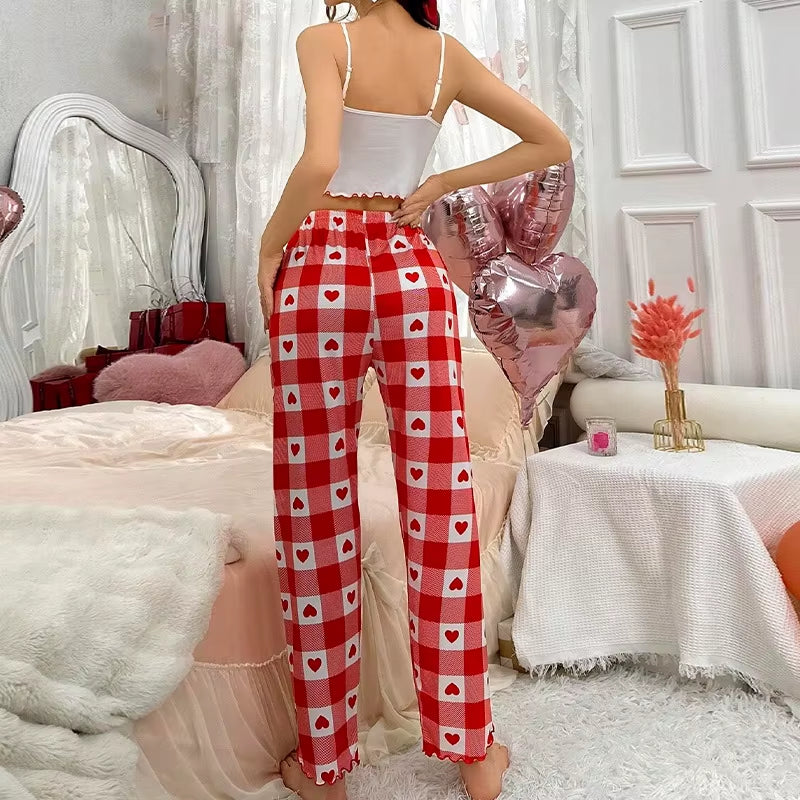 Lettuce Trim Women Pajama Set Sleeveless round Neck Crop Top & Full-Length Pants Female 2 Piece Sleepwear Nightwear Homewear