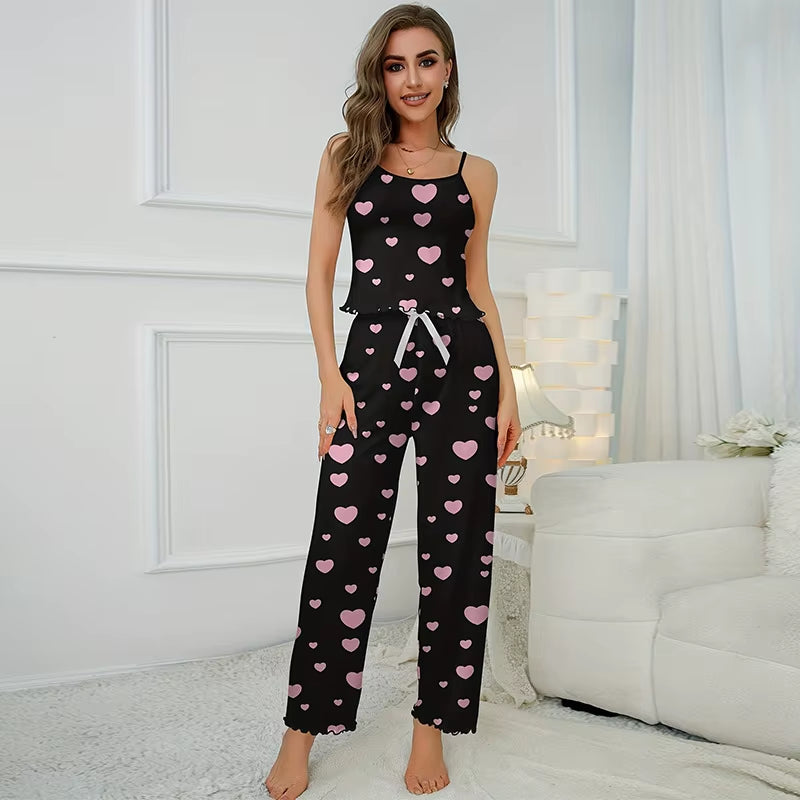 Lettuce Trim Women Pajama Set Sleeveless round Neck Crop Top & Full-Length Pants Female 2 Piece Sleepwear Nightwear Homewear