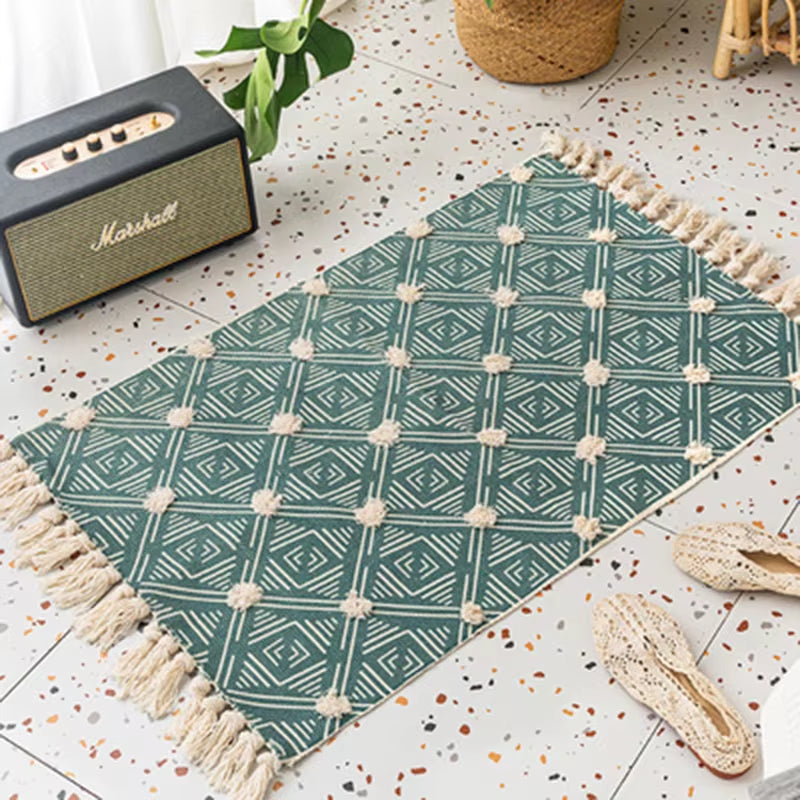 Retro Bohemian Hand Woven Cotton Linen Carpet Tassel Rug Geometric Floor Mat Bedroom Tapestry Decorative Blanket Area Rug