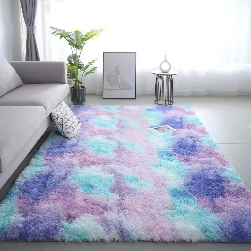 VIKAMA Silk Wool Rugs Children'S Room Living Room Bedroom Tie-Dye Non-Slip Washable Machine Washable Carpet Mats