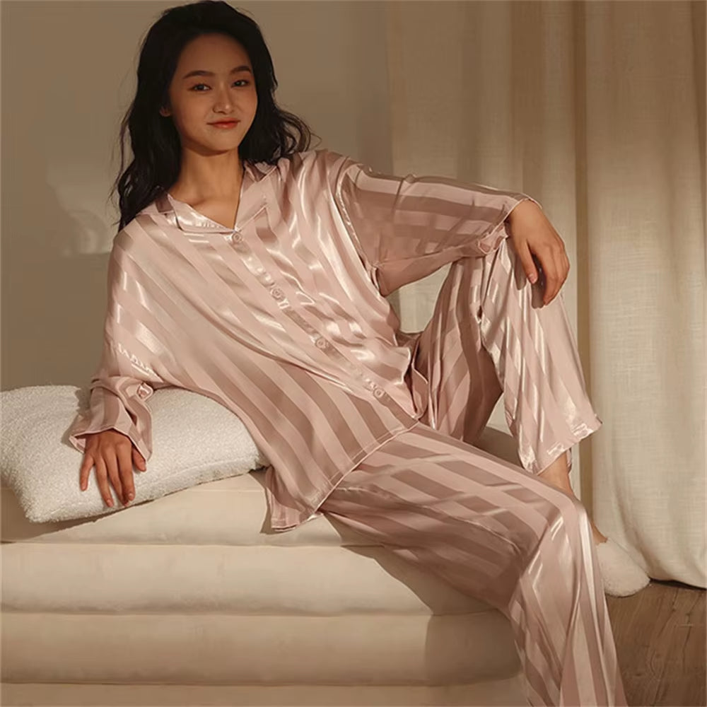 Women'S Summer Striped Pajama Set Long Sleeve Top Trousers Silk Satin Home Suit Spring Loose Casual Sleepwear Female Nightwear