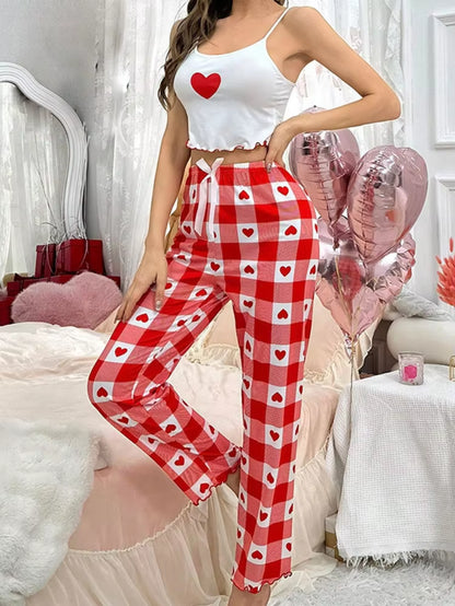 Lettuce Trim Women Pajama Set Sleeveless round Neck Crop Top & Full-Length Pants Female 2 Piece Sleepwear Nightwear Homewear