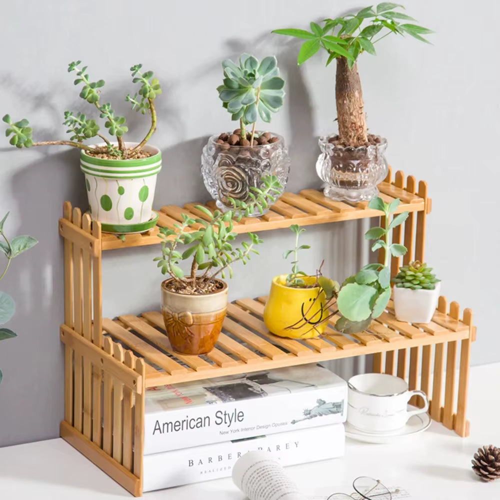 2Tier Flower Pot Plant Display Stand, Natural Bamboo Plant Shelf, Modern Decorative for Plant Stand, Book Plant Pot Storage Rack